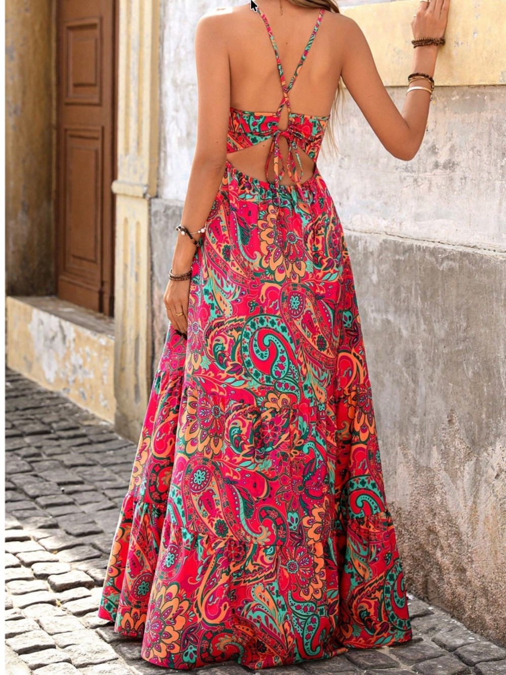 Boho Floral Print Criss Cross Cut out Back Cami Maxi dress - Picture 5 of 5